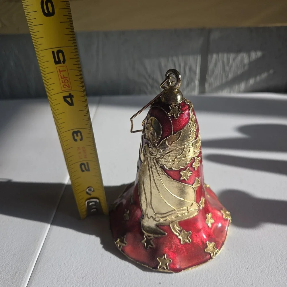 Elegant Red Gold Star Cloisonne Bell Christmas Ornament Handcrafted Vintage